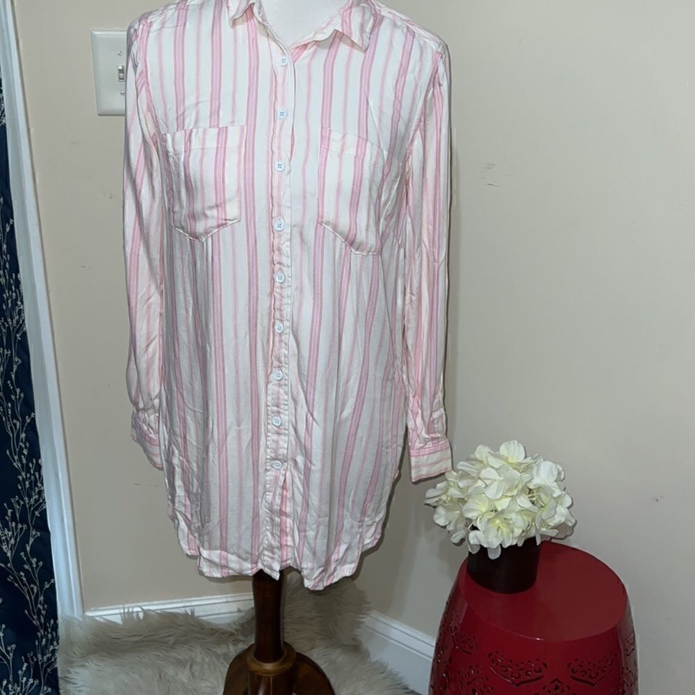 Melissa McCarthy Seven7 Button Up Shirt Long Sleeves Stripes Tunic Pockets sz S